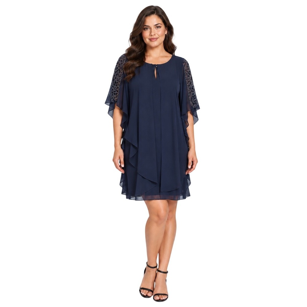SLNY Dress Women's Size 18W Navy Blue Beaded Cape Sleeve Shift Party Cocktail